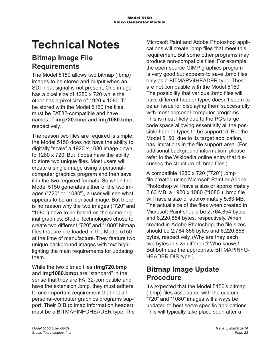 Technical notes, Bitmap image file requirements, Bitmap image update procedure | Studio Technologies 5150 V.1 User Manual | Page 23 / 33