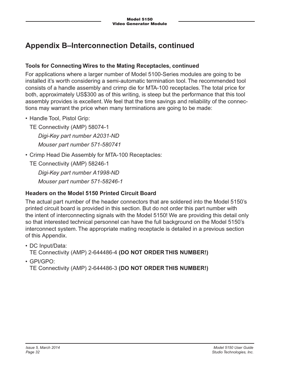 Appendix b–interconnection details, continued | Studio Technologies 5150 V.1 User Manual | Page 32 / 33