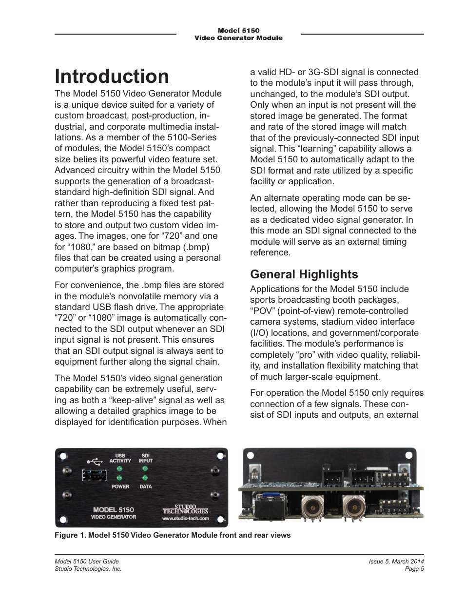 Introduction, General highlights | Studio Technologies 5150 V.1 User Manual | Page 5 / 33