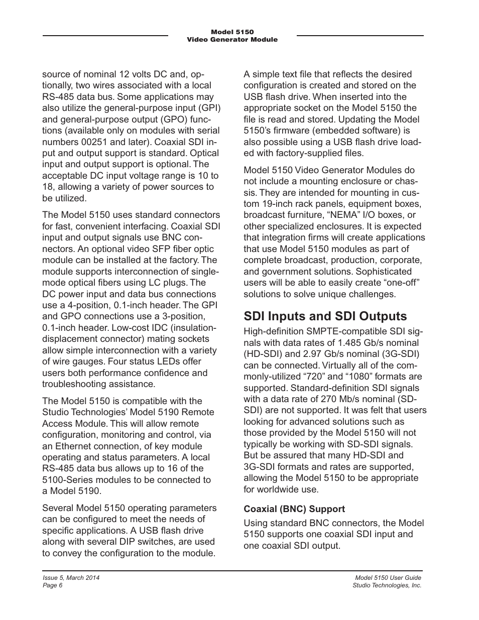 Sdi inputs and sdi outputs | Studio Technologies 5150 V.1 User Manual | Page 6 / 33