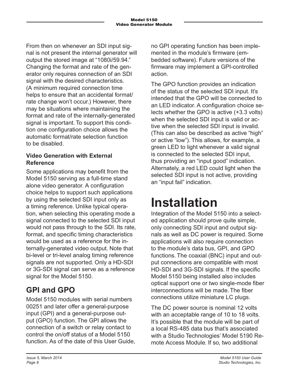 Installation, Gpi and gpo | Studio Technologies 5150 V.1 User Manual | Page 8 / 33