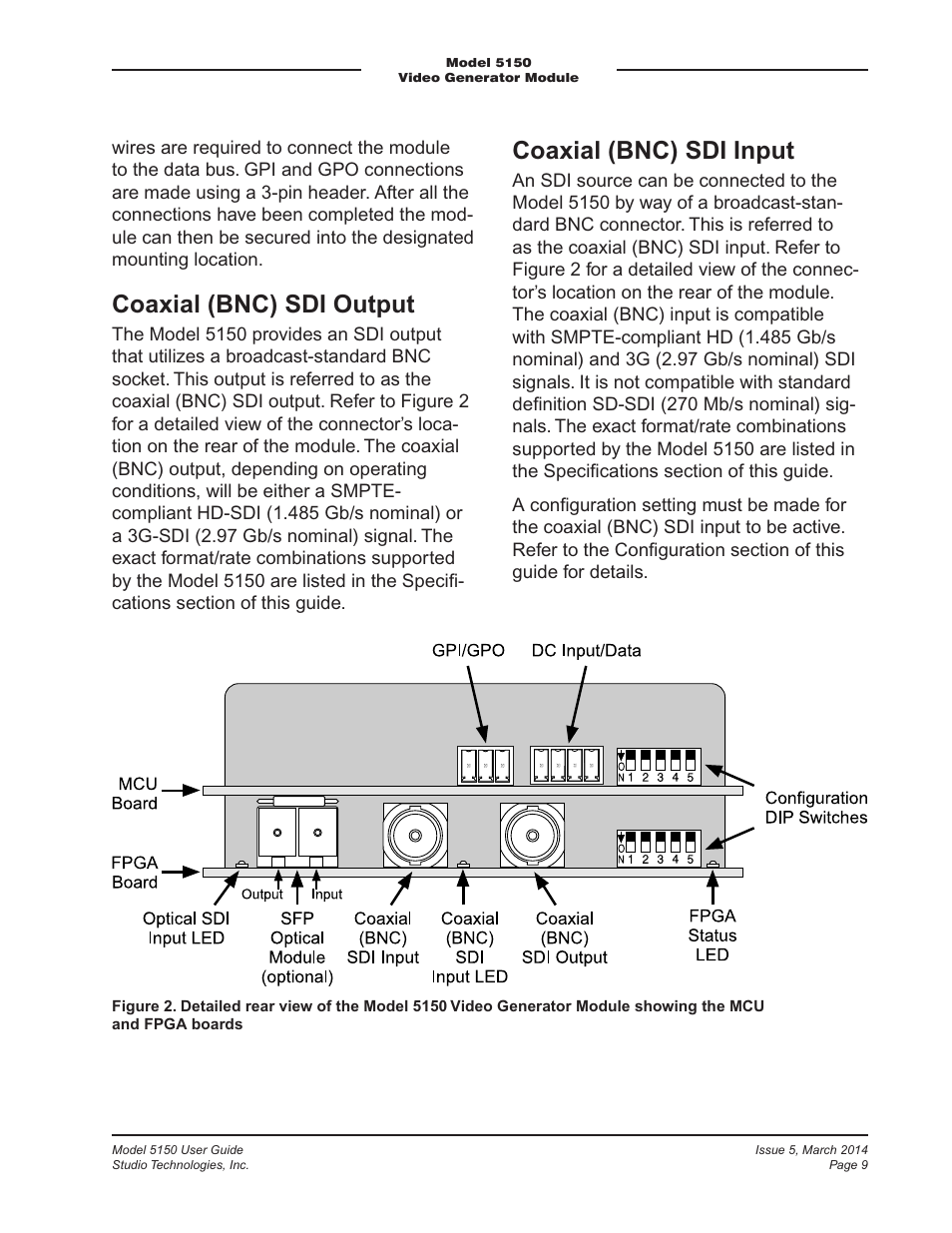 Coaxial (bnc) sdi output, Coaxial (bnc) sdi input | Studio Technologies 5150 V.1 User Manual | Page 9 / 33
