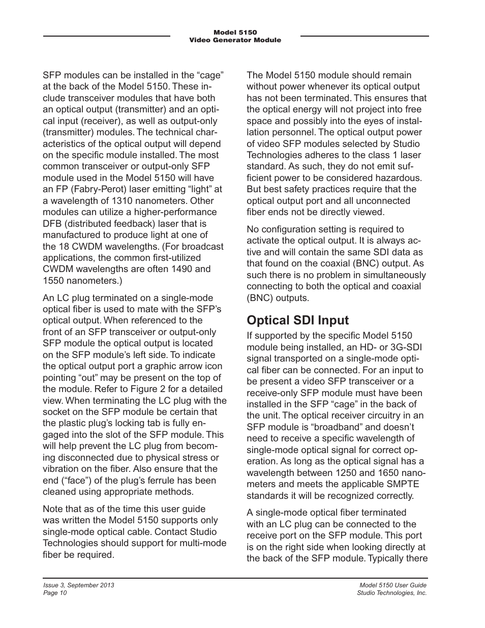 Optical sdi input | Studio Technologies 5150 V.2 User Manual | Page 10 / 33