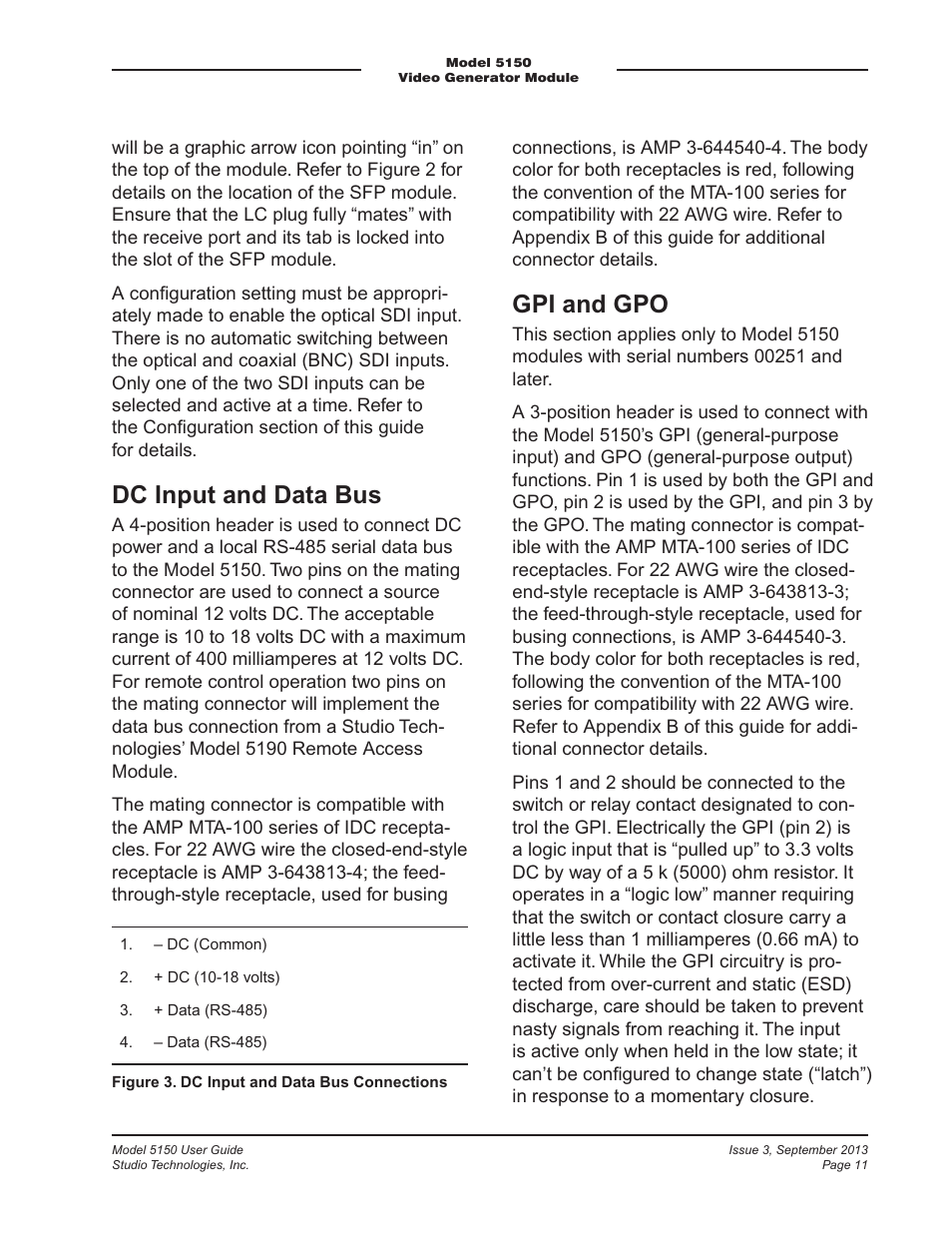 Dc input and data bus, Gpi and gpo | Studio Technologies 5150 V.2 User Manual | Page 11 / 33