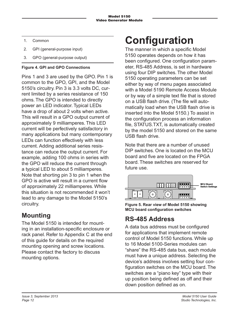 Configuration, Conﬁguration, Mounting | Rs-485 address | Studio Technologies 5150 V.2 User Manual | Page 12 / 33