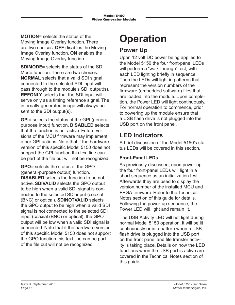 Operation, Power up, Led indicators | Studio Technologies 5150 V.2 User Manual | Page 18 / 33