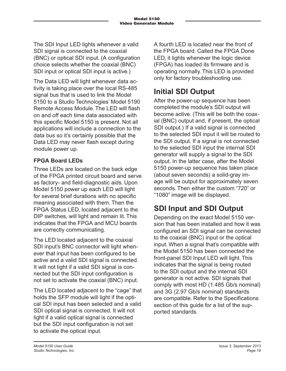 Initial sdi output, Sdi input and sdi output | Studio Technologies 5150 V.2 User Manual | Page 19 / 33