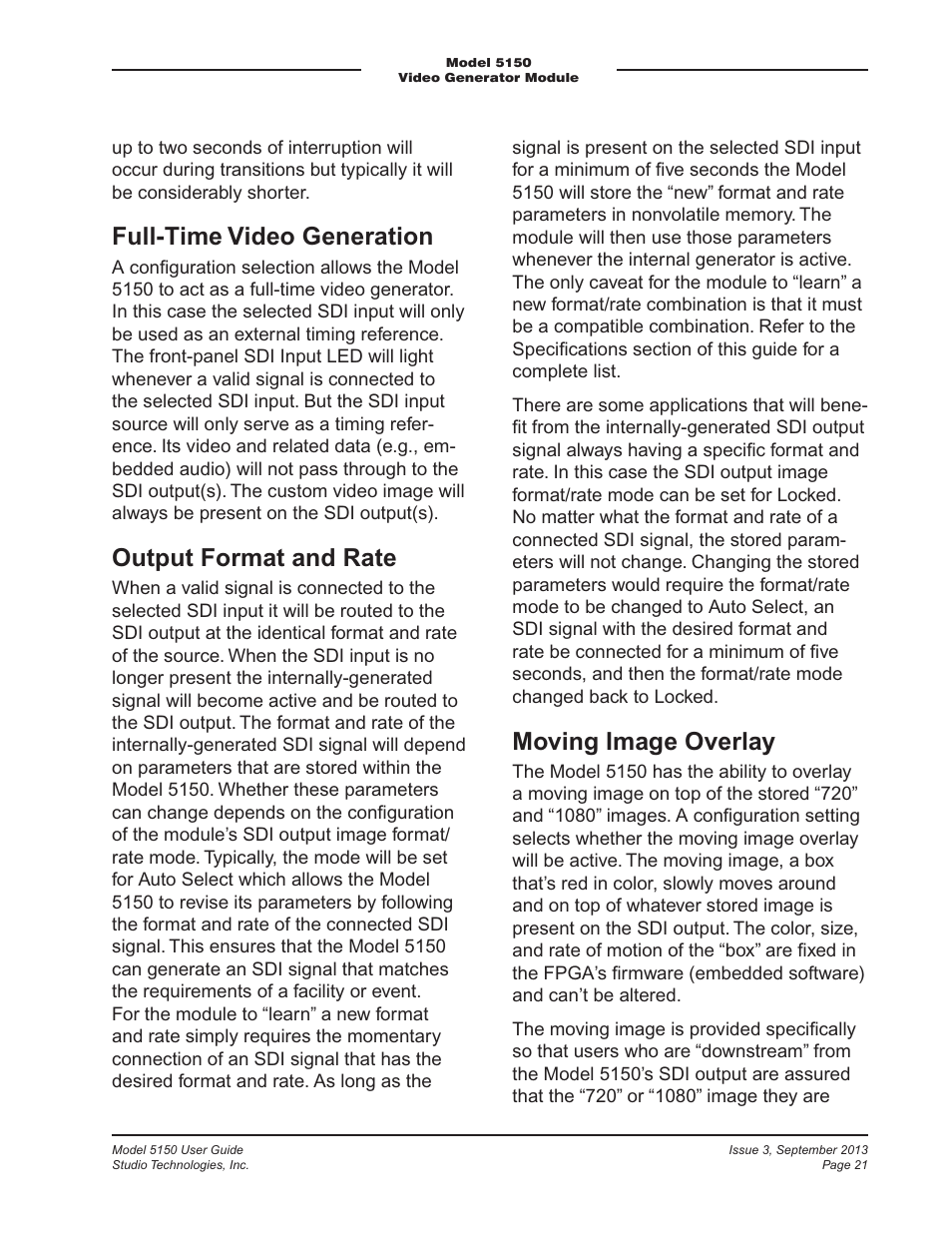 Full-time video generation, Output format and rate, Moving image overlay | Studio Technologies 5150 V.2 User Manual | Page 21 / 33