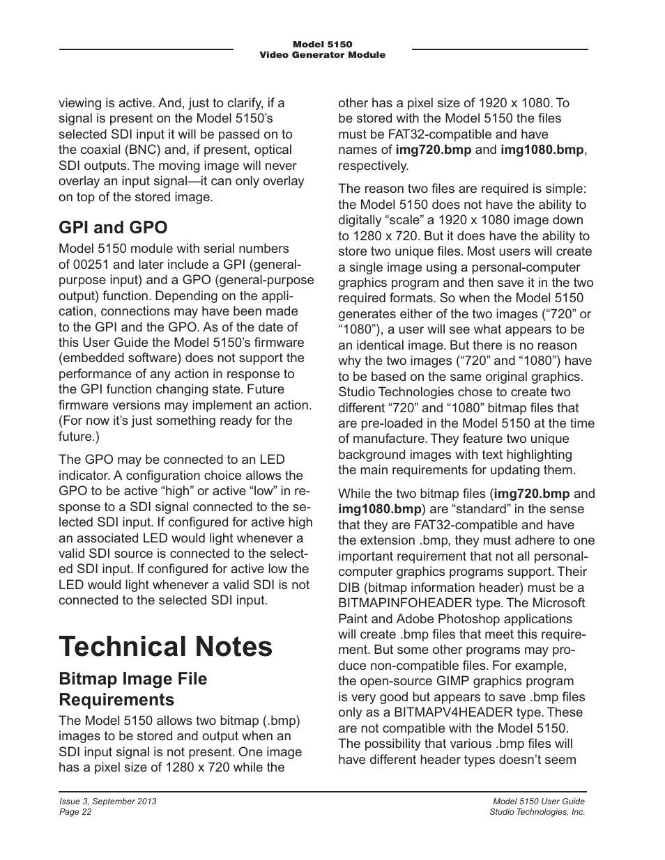 Technical notes, Gpi and gpo, Bitmap image file requirements | Studio Technologies 5150 V.2 User Manual | Page 22 / 33