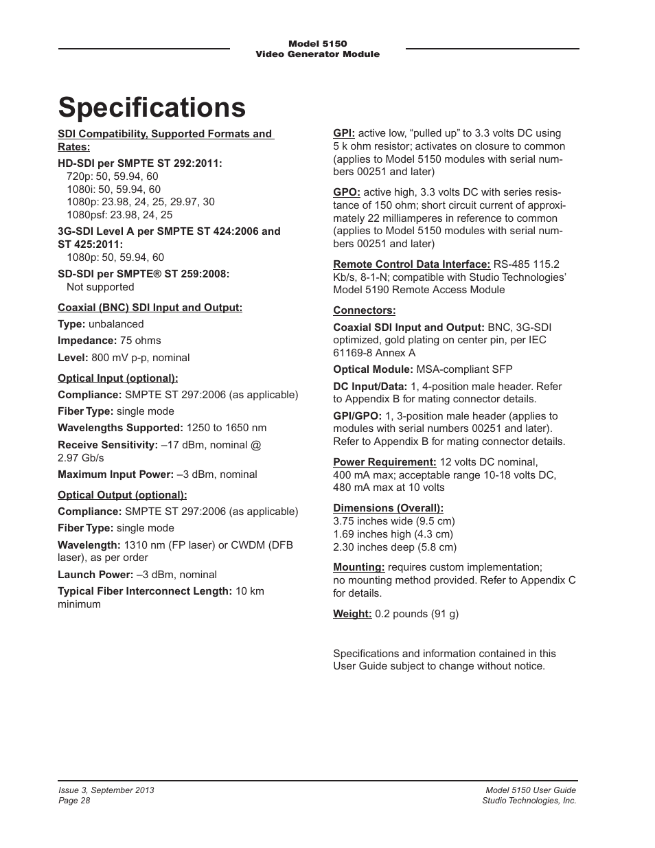 Specifications, Speciﬁcations | Studio Technologies 5150 V.2 User Manual | Page 28 / 33