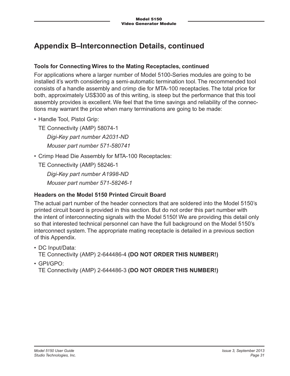 Appendix b–interconnection details, continued | Studio Technologies 5150 V.2 User Manual | Page 31 / 33