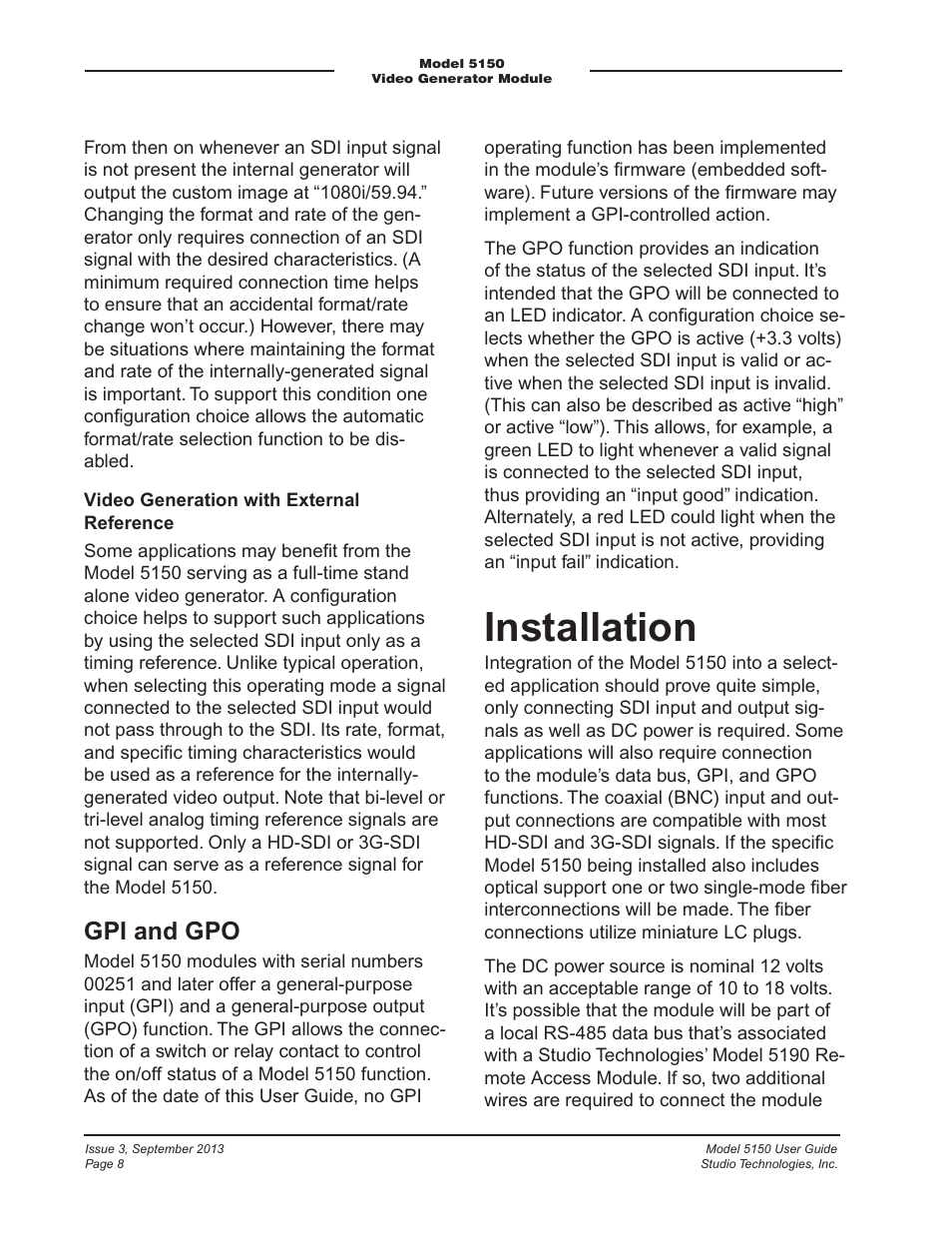 Installation, Gpi and gpo | Studio Technologies 5150 V.2 User Manual | Page 8 / 33