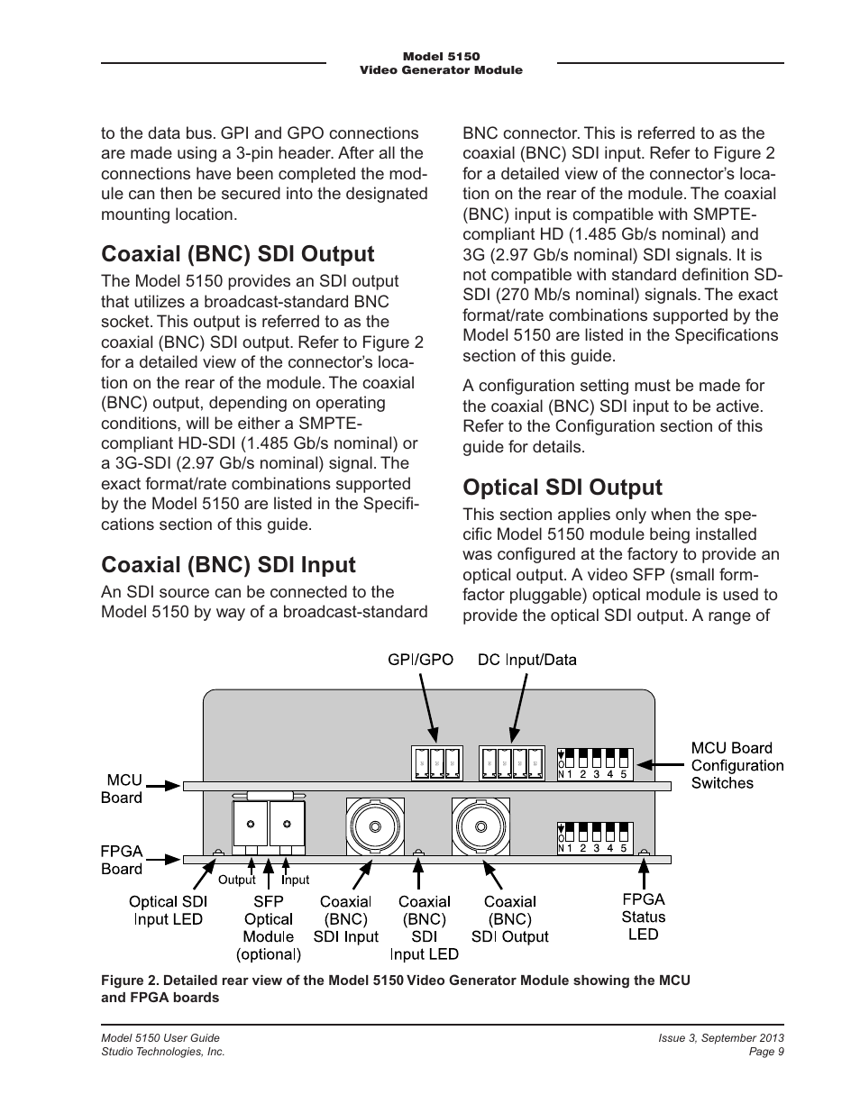 Coaxial (bnc) sdi output, Coaxial (bnc) sdi input, Optical sdi output | Studio Technologies 5150 V.2 User Manual | Page 9 / 33