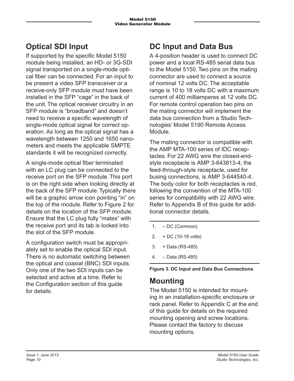 Optical sdi input, Dc input and data bus, Mounting | Studio Technologies 5150 V.3 User Manual | Page 10 / 27
