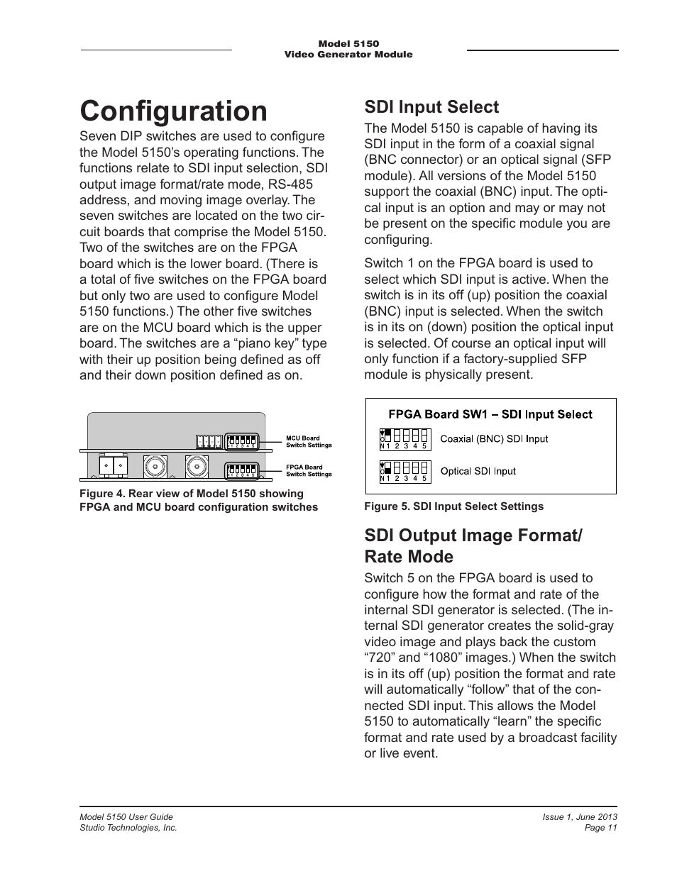 Configuration, Conﬁguration, Sdi input select | Sdi output image format/ rate mode | Studio Technologies 5150 V.3 User Manual | Page 11 / 27