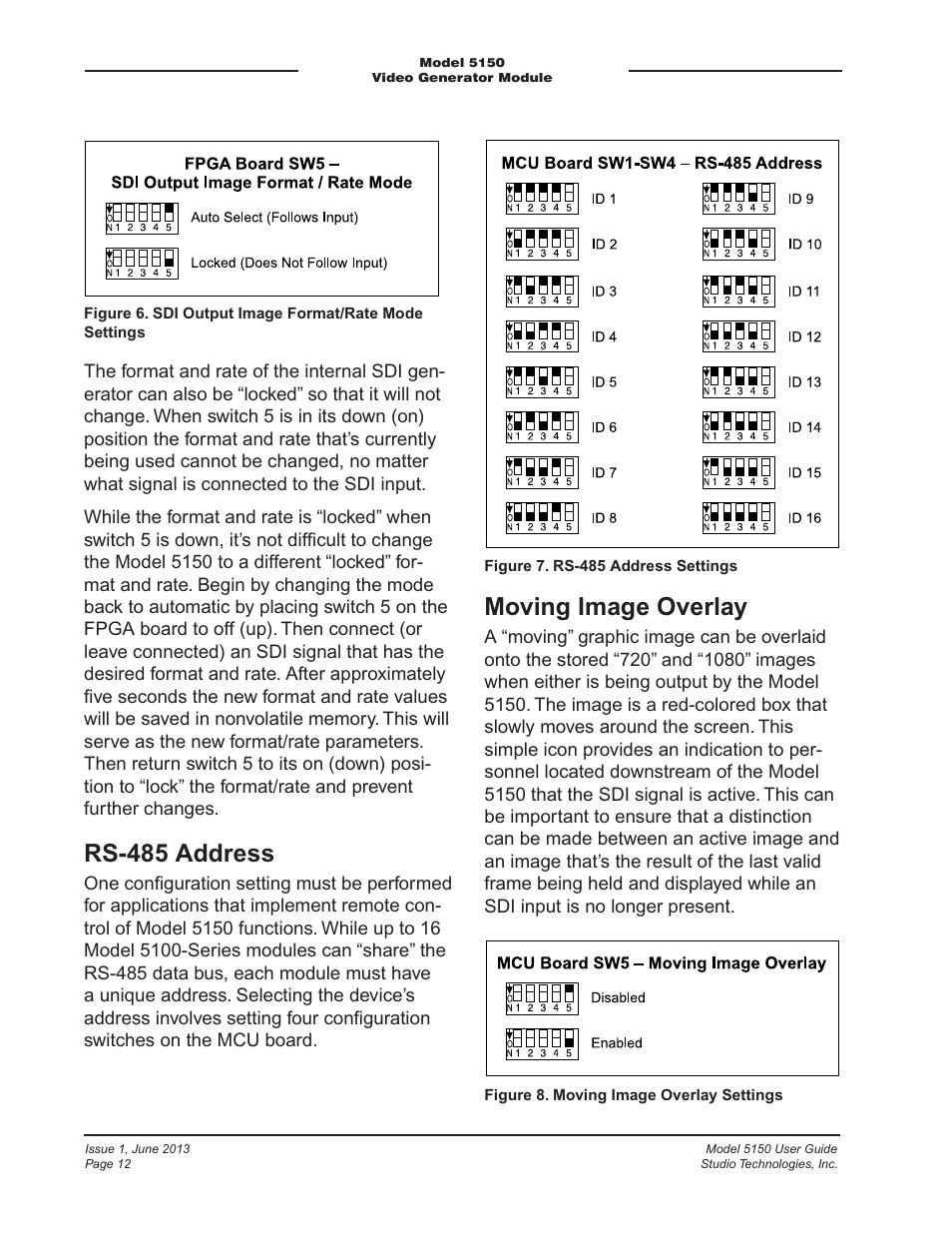 Rs-485 address, Moving image overlay | Studio Technologies 5150 V.3 User Manual | Page 12 / 27