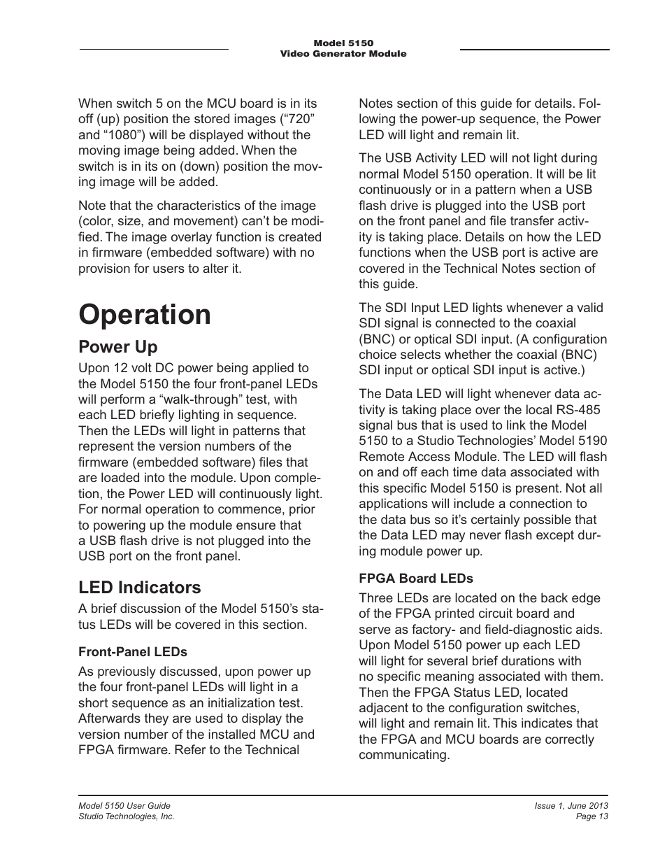 Operation, Power up, Led indicators | Studio Technologies 5150 V.3 User Manual | Page 13 / 27