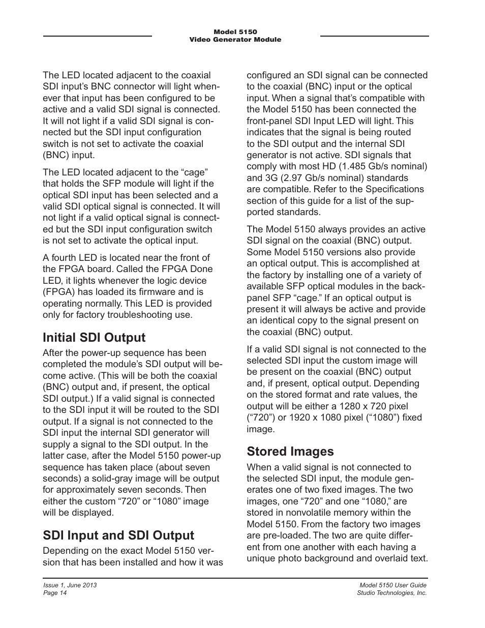 Initial sdi output, Sdi input and sdi output, Stored images | Studio Technologies 5150 V.3 User Manual | Page 14 / 27