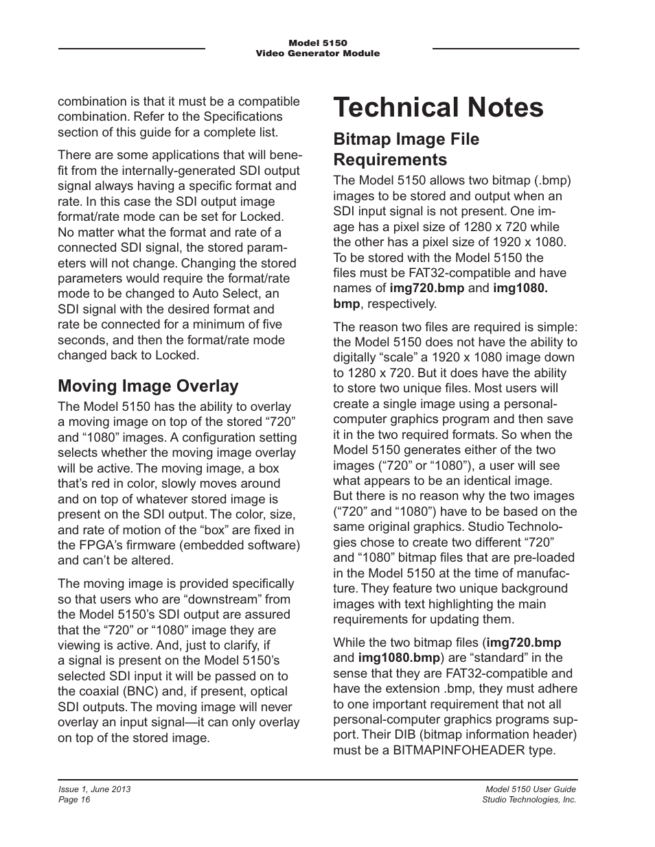 Technical notes, Moving image overlay, Bitmap image file requirements | Studio Technologies 5150 V.3 User Manual | Page 16 / 27