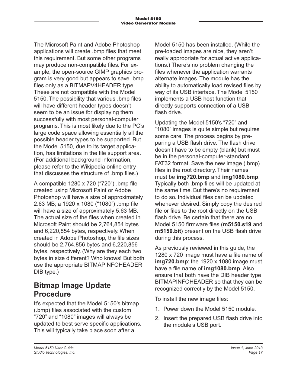Bitmap image update procedure | Studio Technologies 5150 V.3 User Manual | Page 17 / 27
