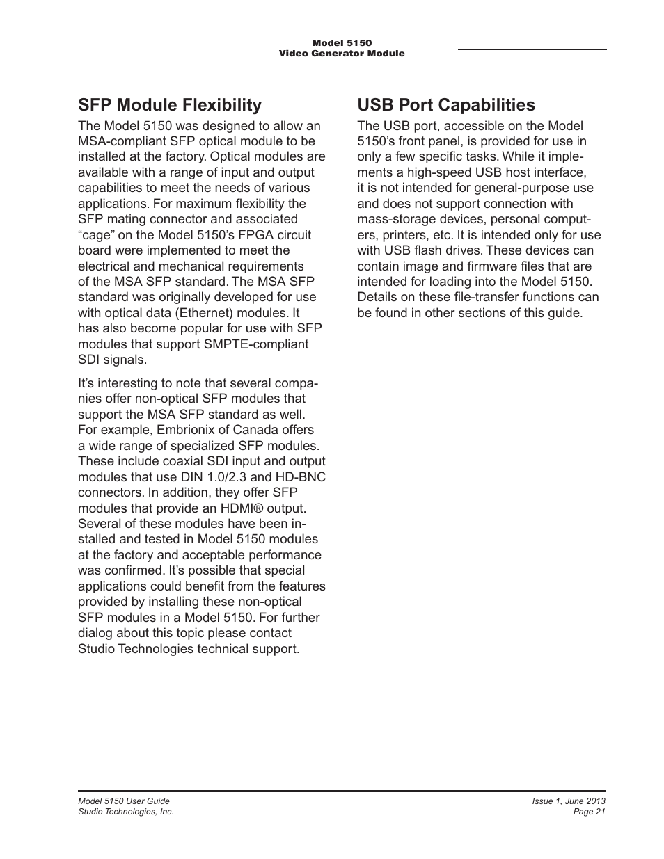Sfp module flexibility, Usb port capabilities | Studio Technologies 5150 V.3 User Manual | Page 21 / 27
