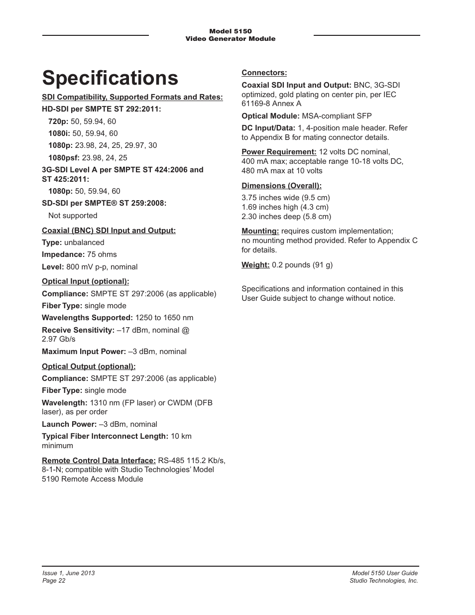 Specifications, Speciﬁcations | Studio Technologies 5150 V.3 User Manual | Page 22 / 27