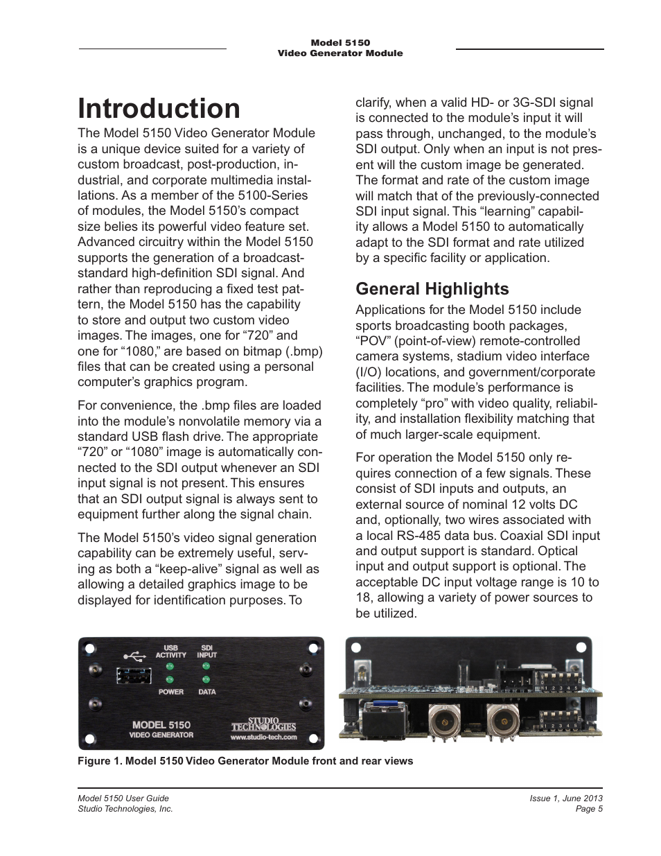 Introduction, General highlights | Studio Technologies 5150 V.3 User Manual | Page 5 / 27