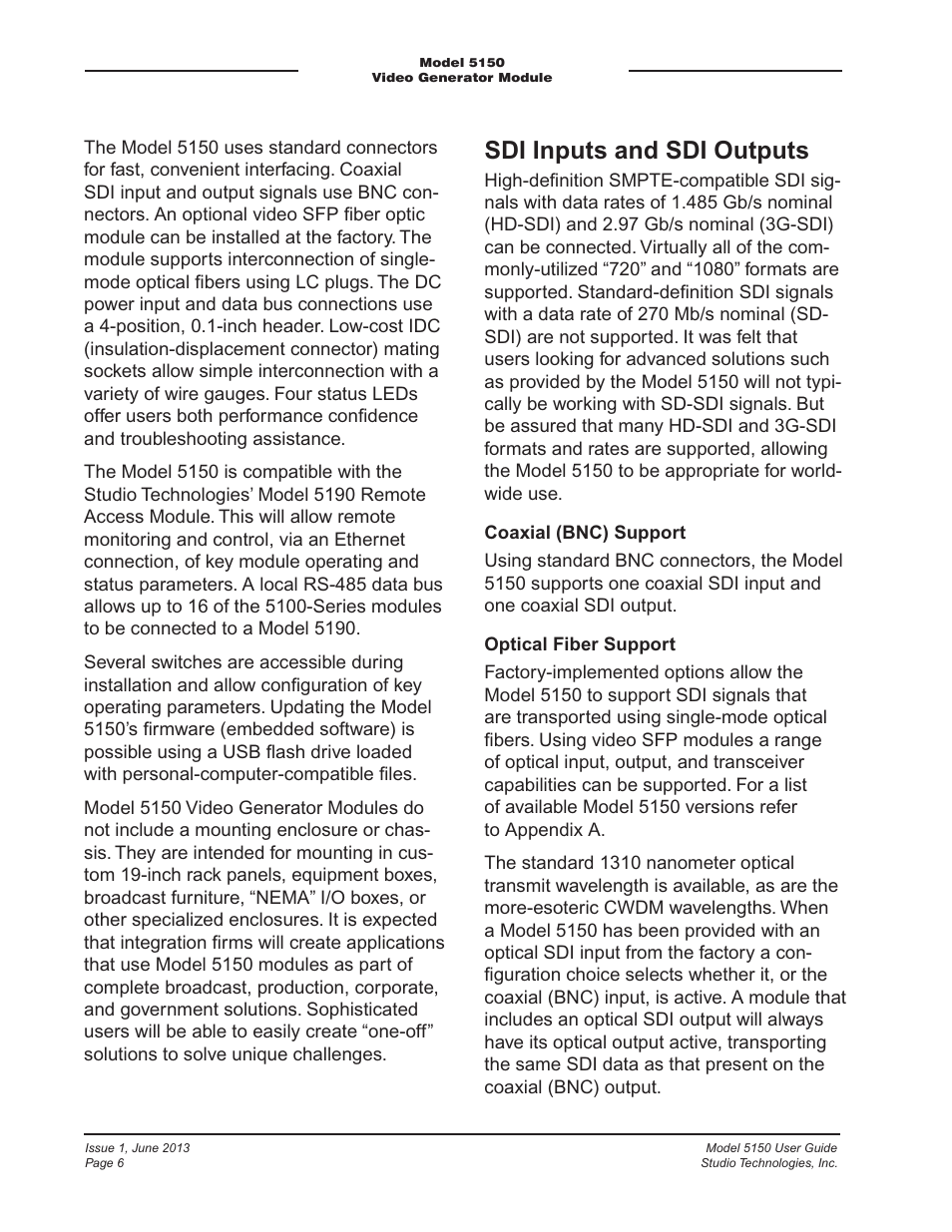 Sdi inputs and sdi outputs | Studio Technologies 5150 V.3 User Manual | Page 6 / 27