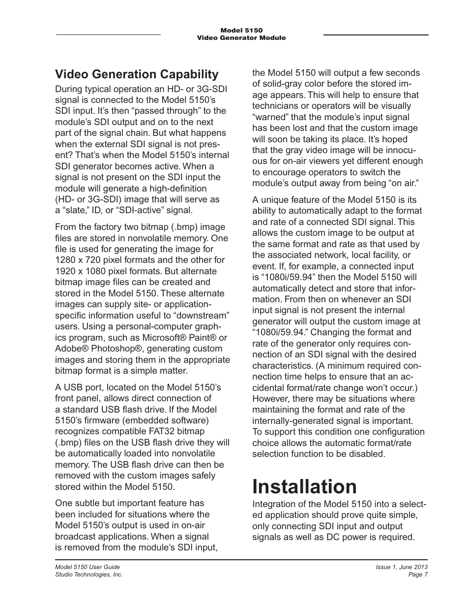 Installation, Video generation capability | Studio Technologies 5150 V.3 User Manual | Page 7 / 27