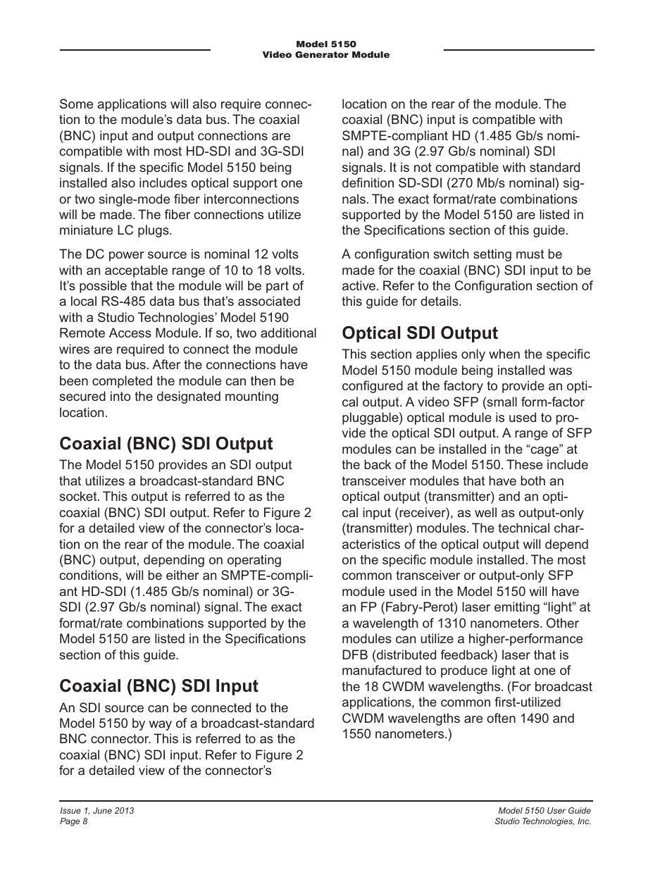 Coaxial (bnc) sdi output, Coaxial (bnc) sdi input, Optical sdi output | Studio Technologies 5150 V.3 User Manual | Page 8 / 27