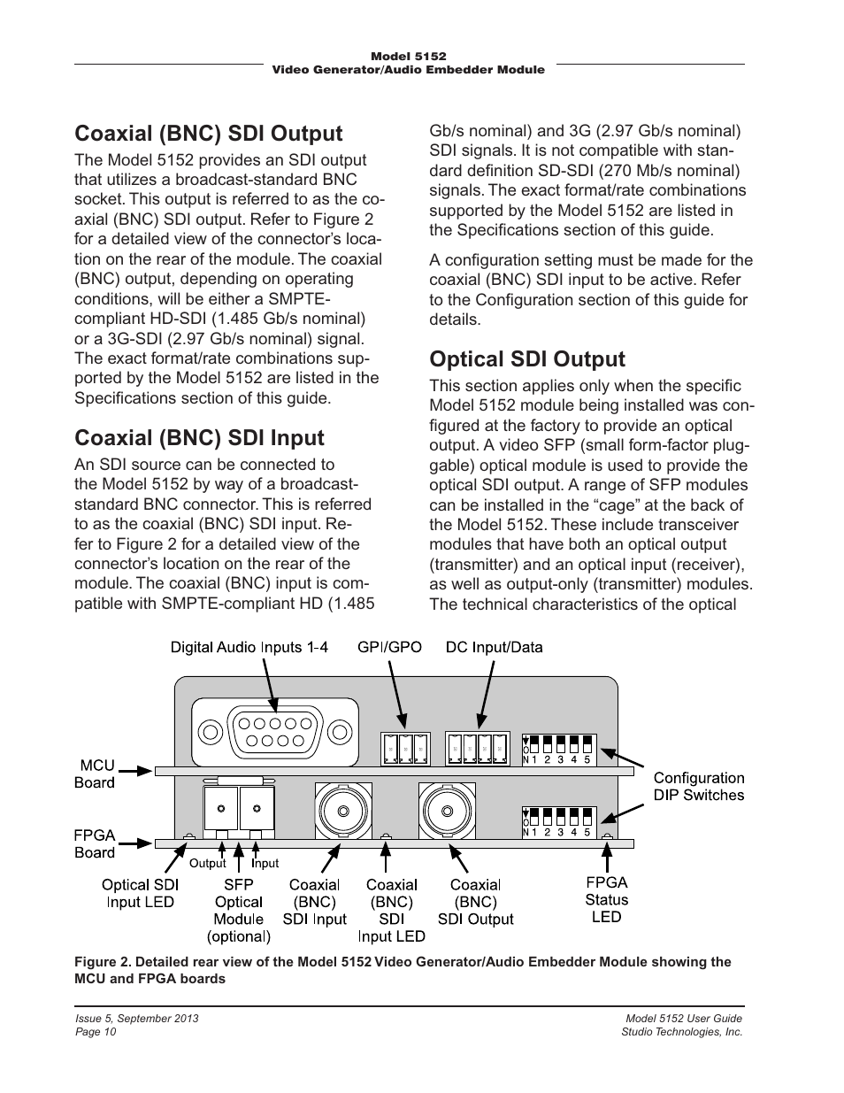Coaxial (bnc) sdi output, Coaxial (bnc) sdi input, Optical sdi output | Studio Technologies 5152 V.1 User Manual | Page 10 / 39