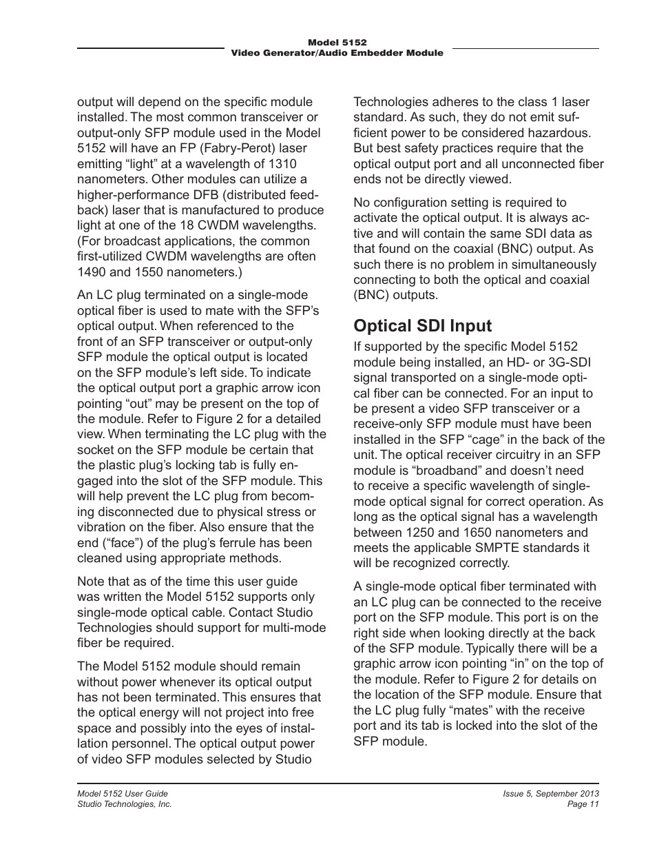 Optical sdi input | Studio Technologies 5152 V.1 User Manual | Page 11 / 39