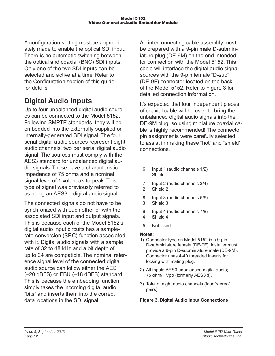 Digital audio inputs | Studio Technologies 5152 V.1 User Manual | Page 12 / 39