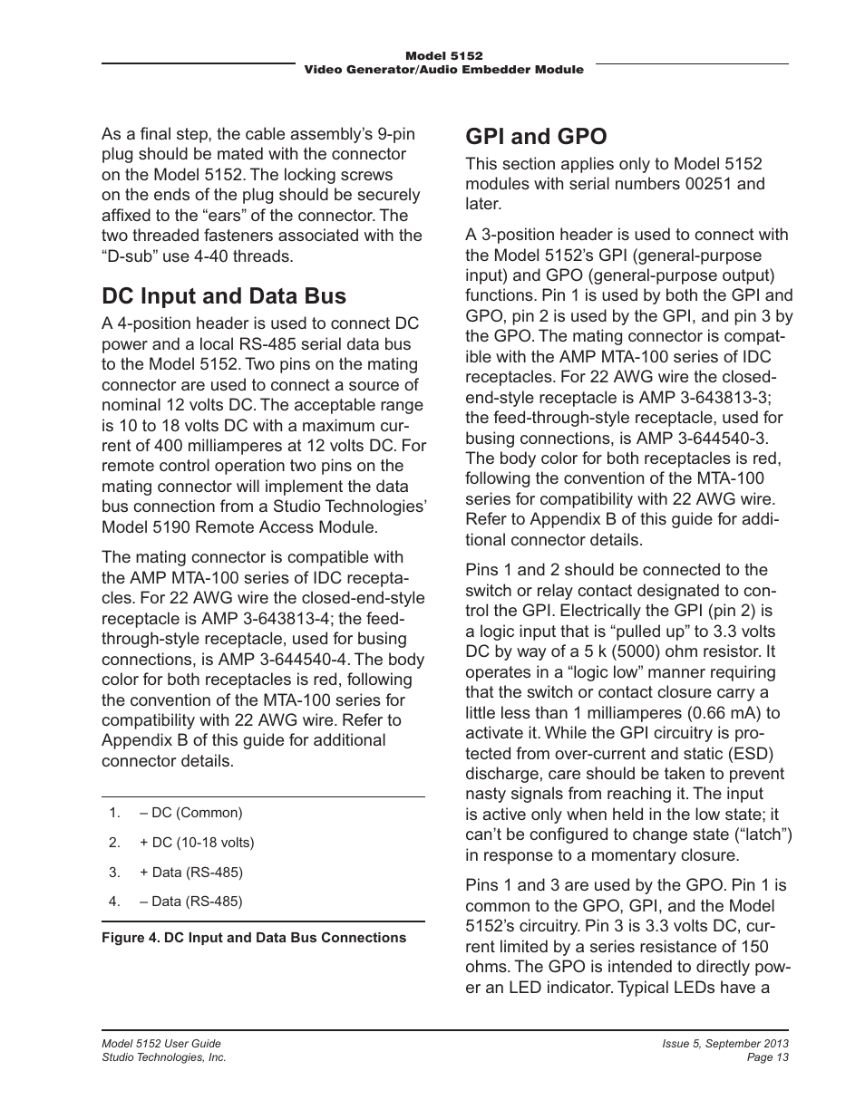 Dc input and data bus, Gpi and gpo | Studio Technologies 5152 V.1 User Manual | Page 13 / 39