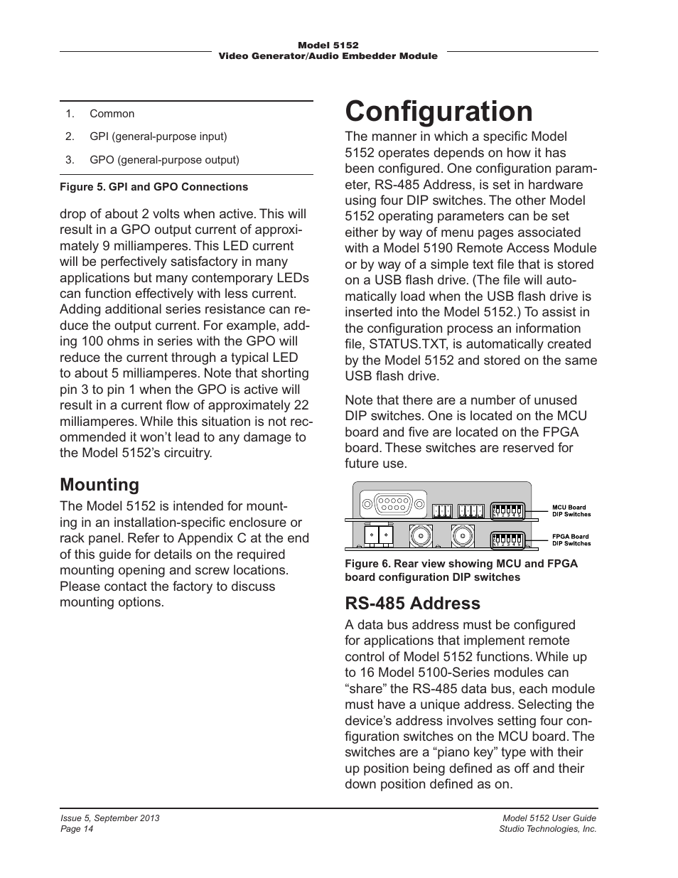 Configuration, Conﬁguration, Mounting | Rs-485 address | Studio Technologies 5152 V.1 User Manual | Page 14 / 39