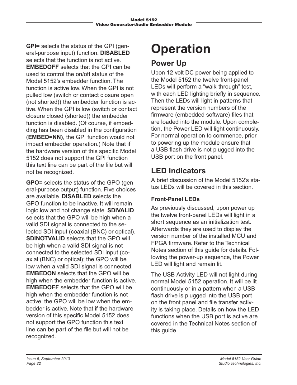 Operation, Power up, Led indicators | Studio Technologies 5152 V.1 User Manual | Page 22 / 39