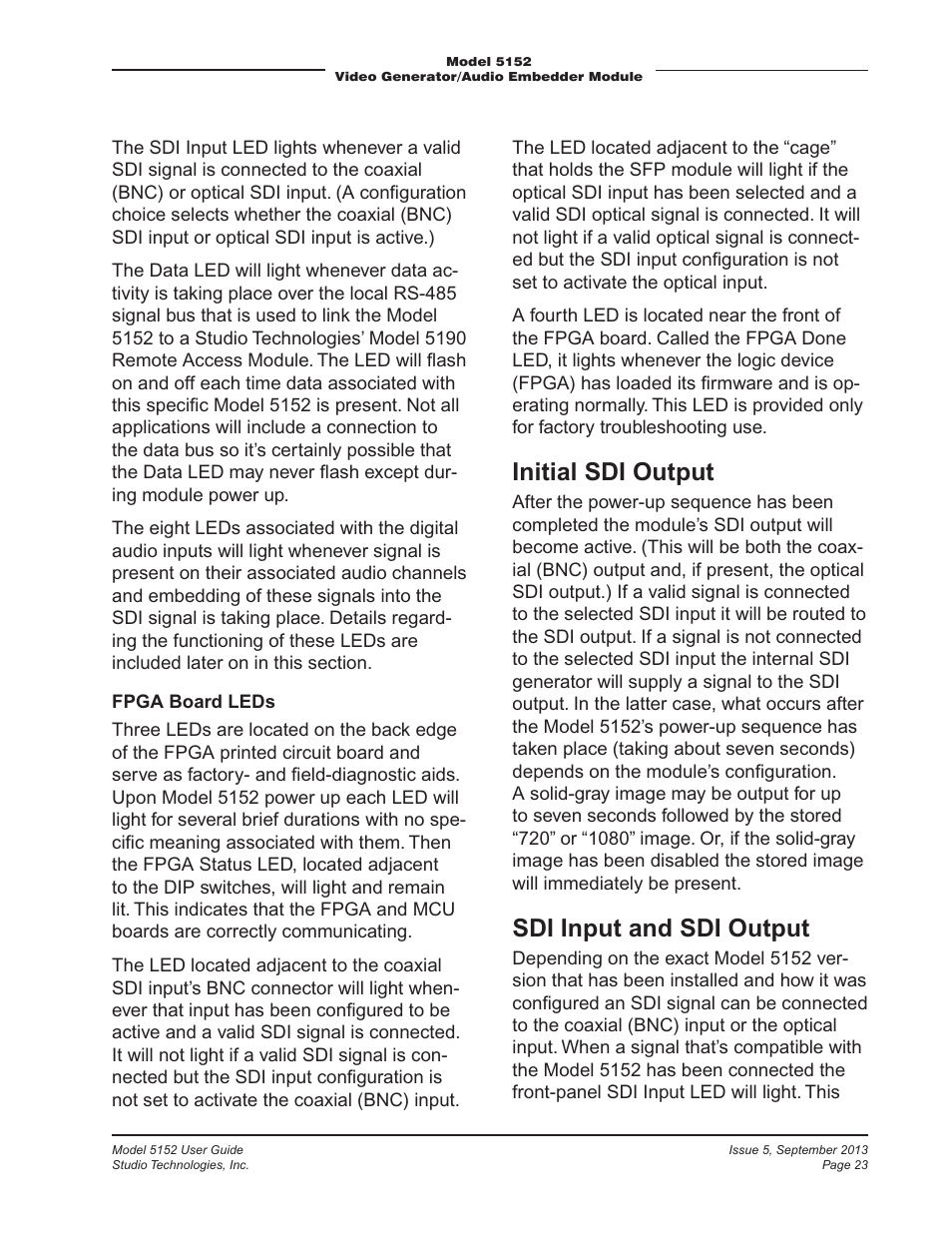 Initial sdi output, Sdi input and sdi output | Studio Technologies 5152 V.1 User Manual | Page 23 / 39