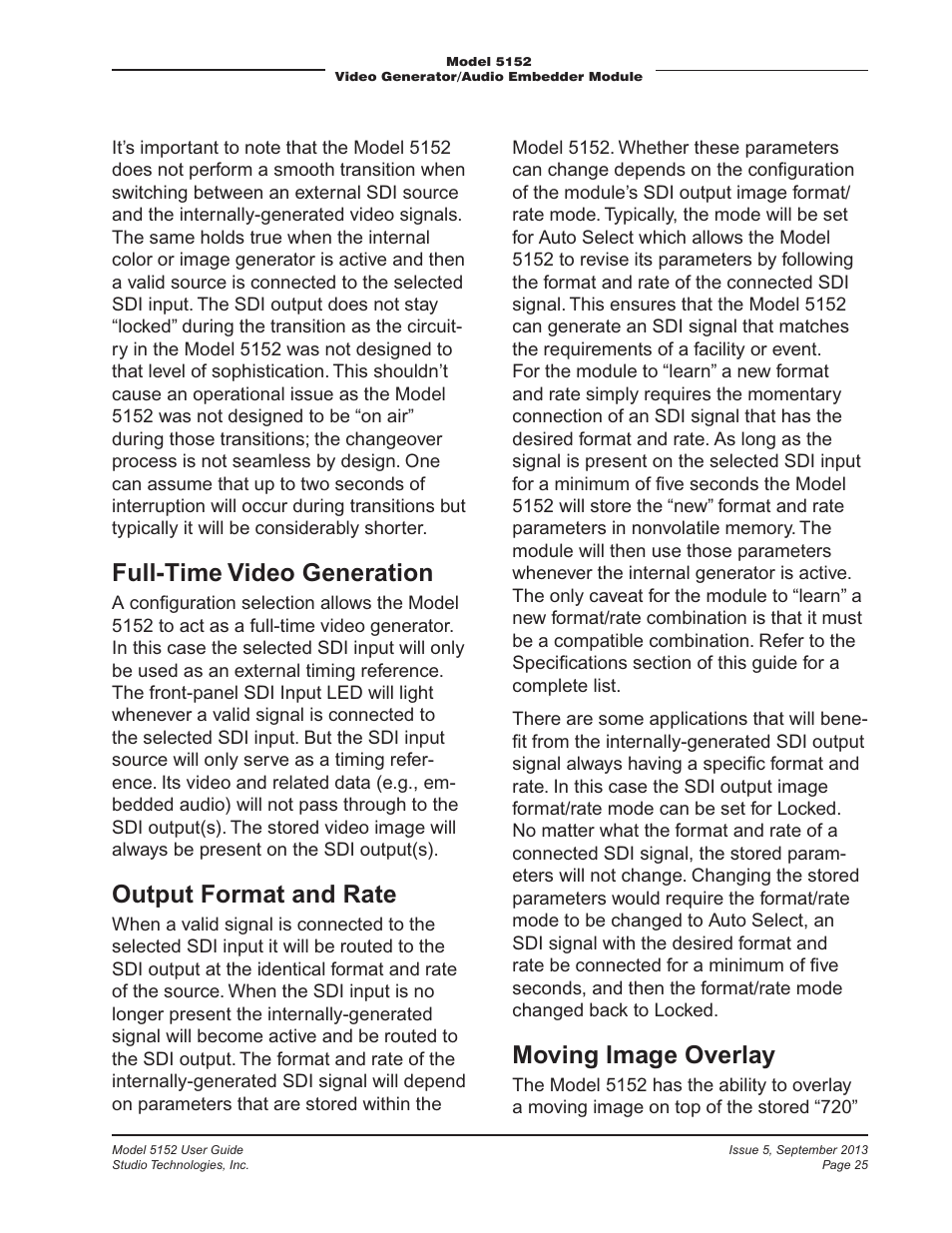 Full-time video generation, Output format and rate, Moving image overlay | Studio Technologies 5152 V.1 User Manual | Page 25 / 39