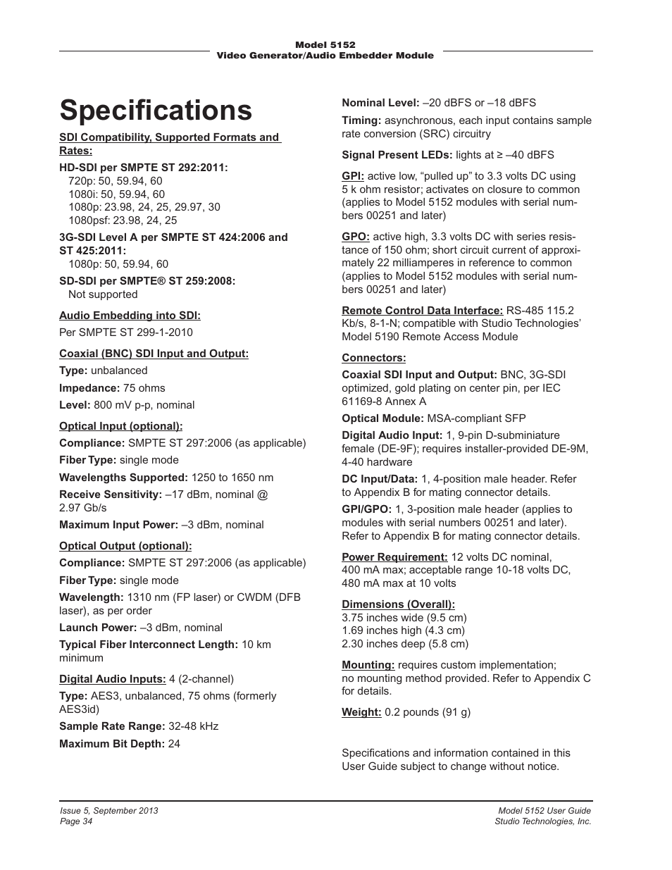 Specifications, Speciﬁcations | Studio Technologies 5152 V.1 User Manual | Page 34 / 39
