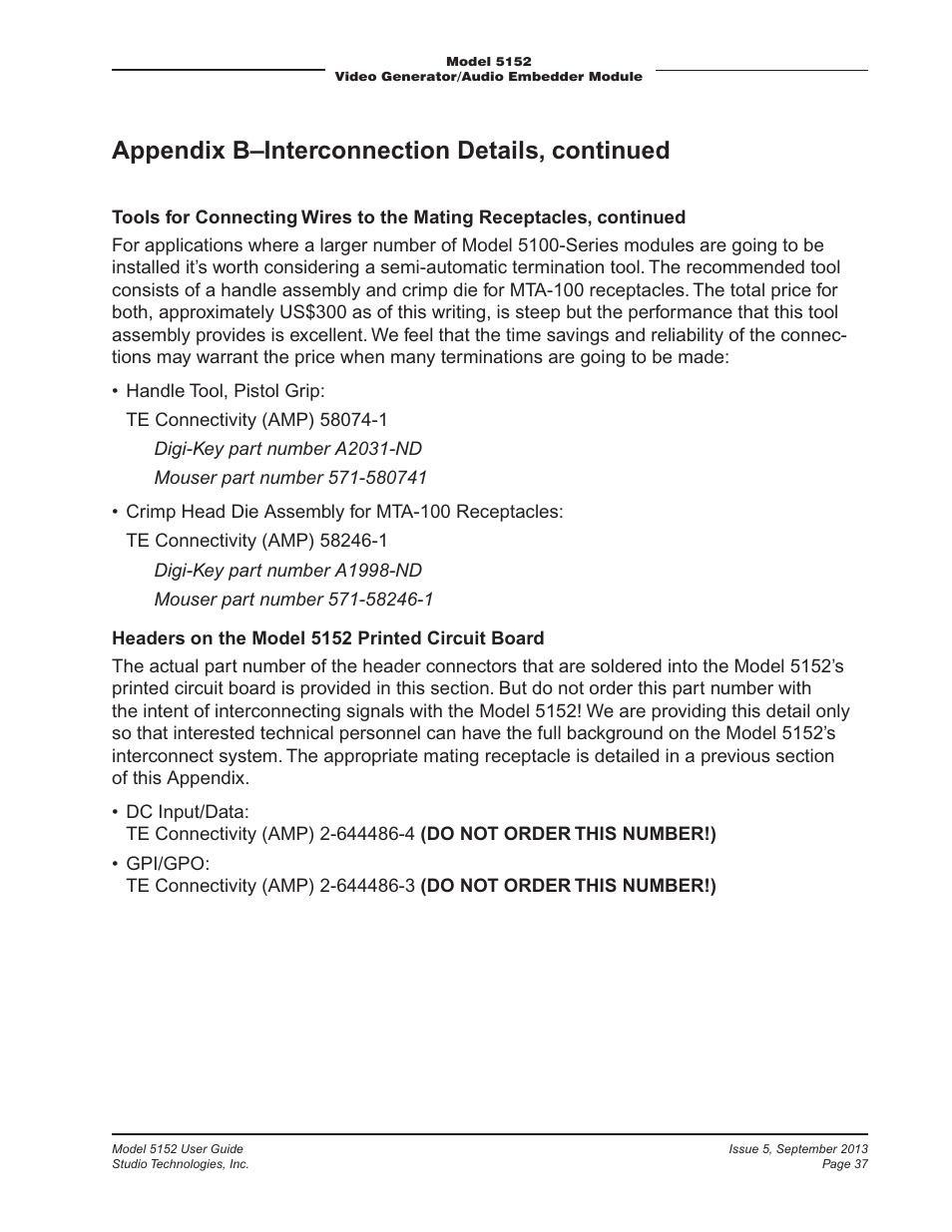 Appendix b–interconnection details, continued | Studio Technologies 5152 V.1 User Manual | Page 37 / 39