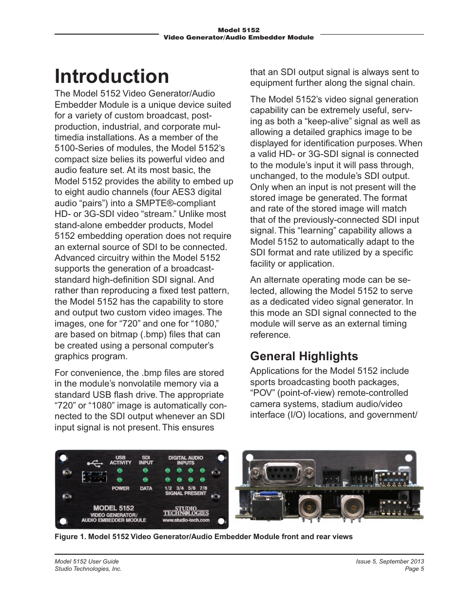Introduction, General highlights | Studio Technologies 5152 V.1 User Manual | Page 5 / 39
