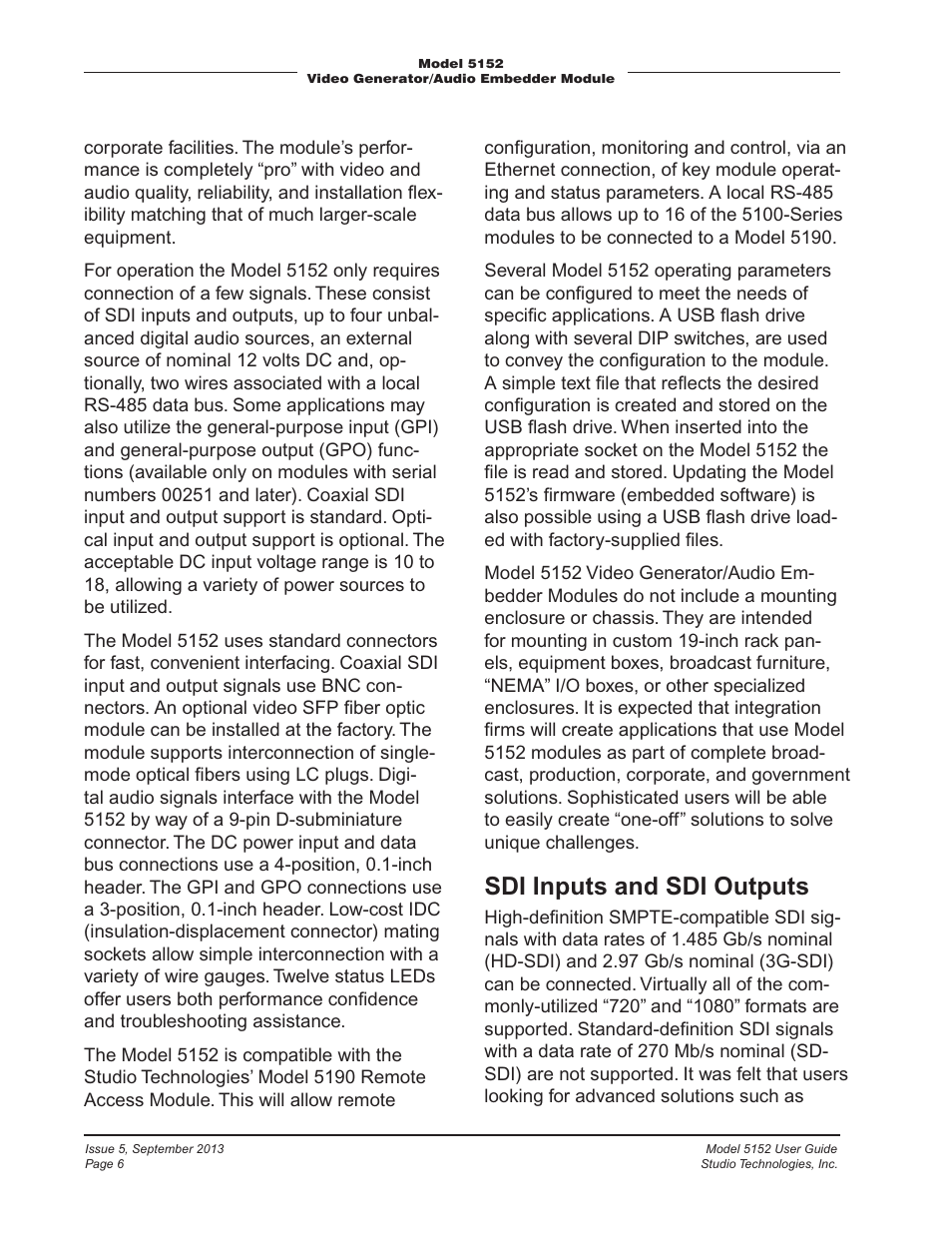 Sdi inputs and sdi outputs | Studio Technologies 5152 V.1 User Manual | Page 6 / 39