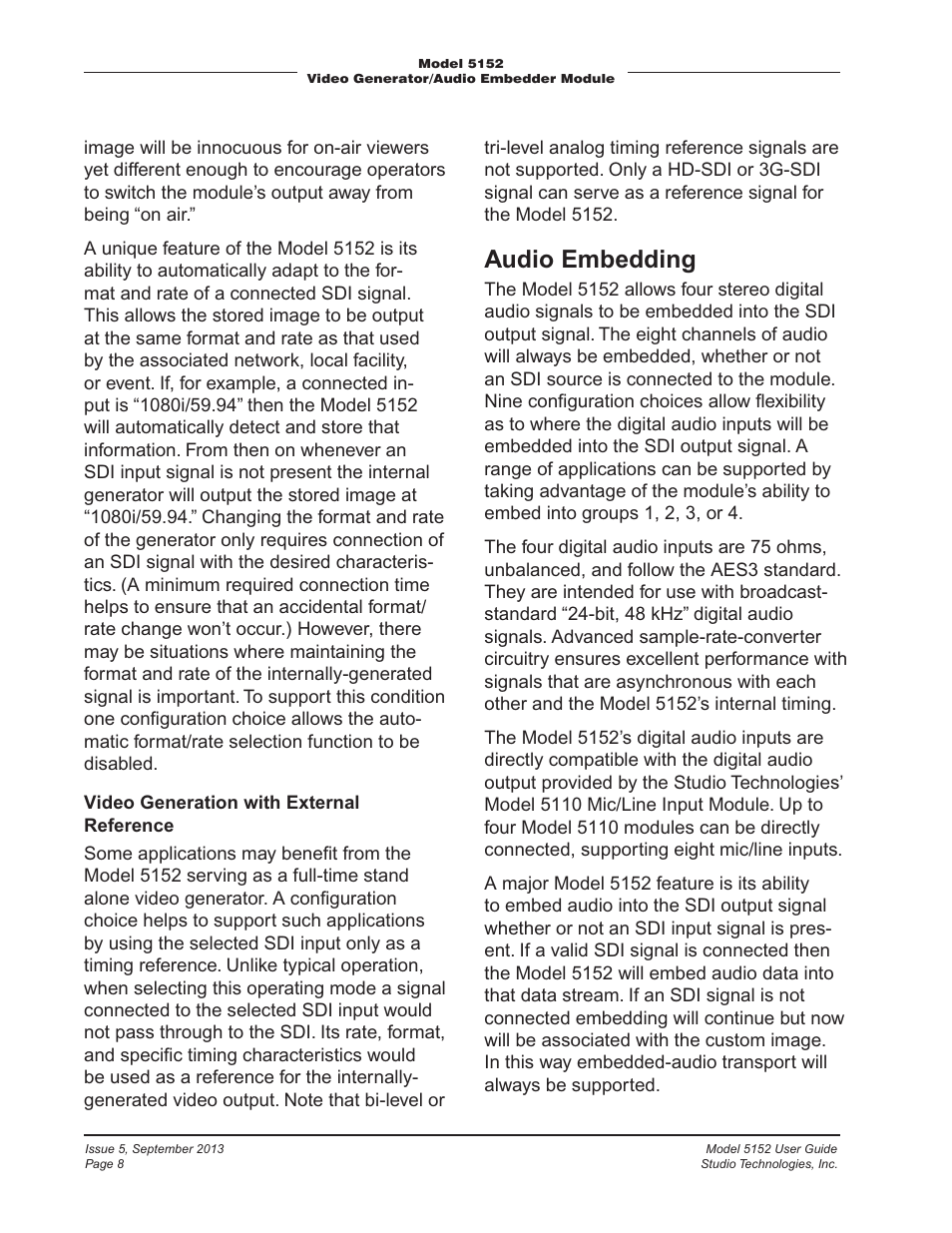 Audio embedding | Studio Technologies 5152 V.1 User Manual | Page 8 / 39