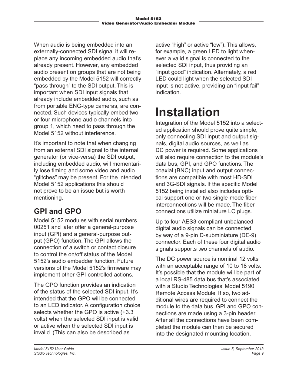 Installation, Gpi and gpo | Studio Technologies 5152 V.1 User Manual | Page 9 / 39