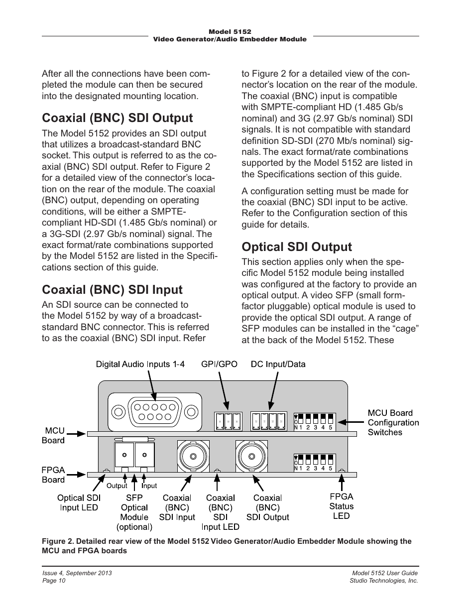 Coaxial (bnc) sdi output, Coaxial (bnc) sdi input, Optical sdi output | Studio Technologies 5152 V.2 User Manual | Page 10 / 37
