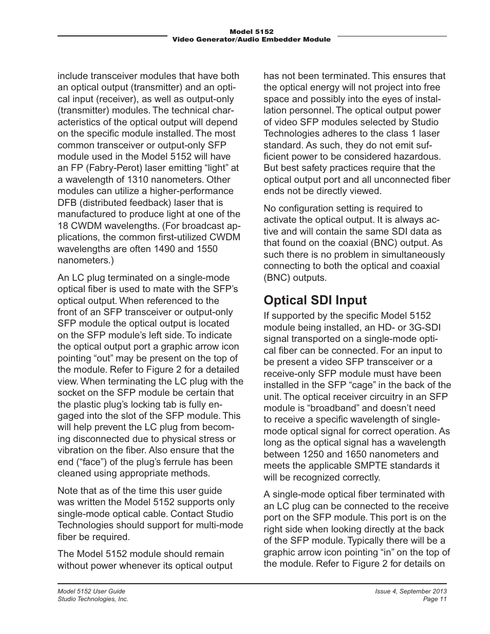 Optical sdi input | Studio Technologies 5152 V.2 User Manual | Page 11 / 37