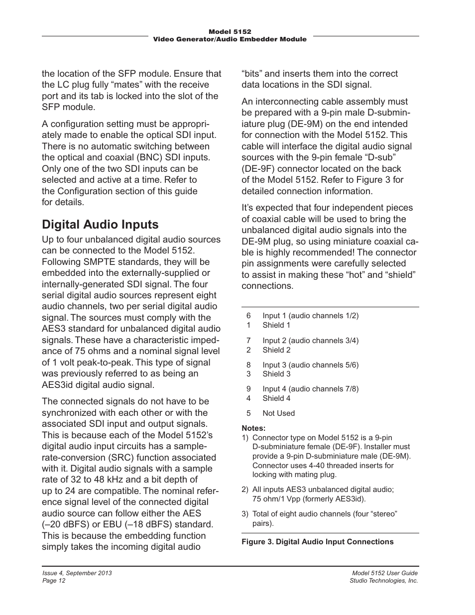 Digital audio inputs | Studio Technologies 5152 V.2 User Manual | Page 12 / 37