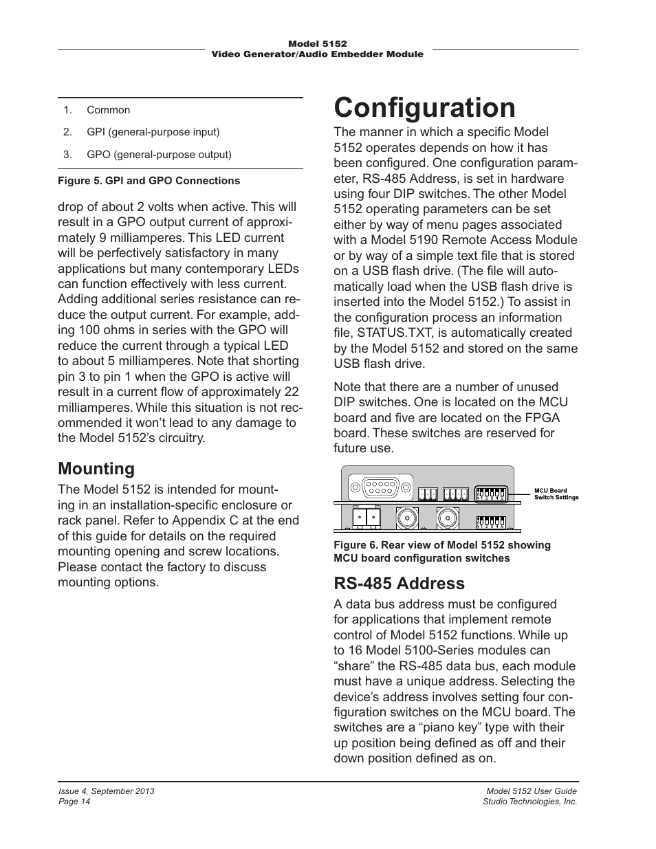 Configuration, Conﬁguration, Mounting | Rs-485 address | Studio Technologies 5152 V.2 User Manual | Page 14 / 37