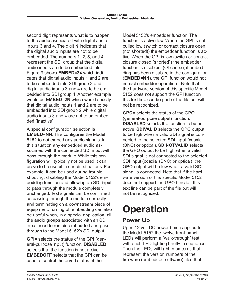 Operation, Power up | Studio Technologies 5152 V.2 User Manual | Page 21 / 37