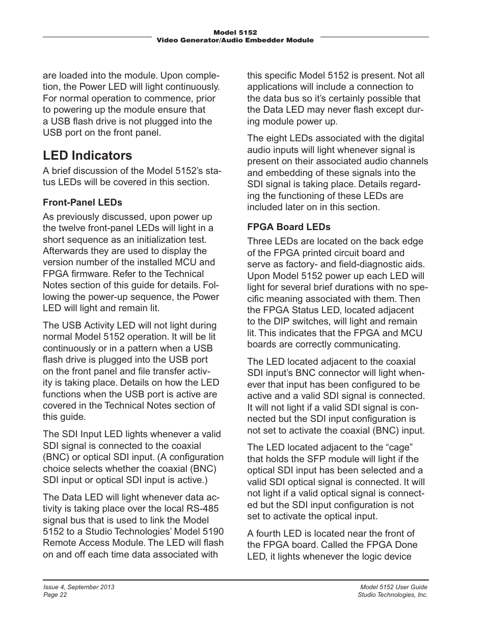 Led indicators | Studio Technologies 5152 V.2 User Manual | Page 22 / 37